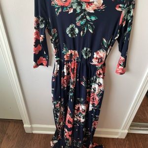 Floral long sleeve and to floor length. Navy with multiple color flowers